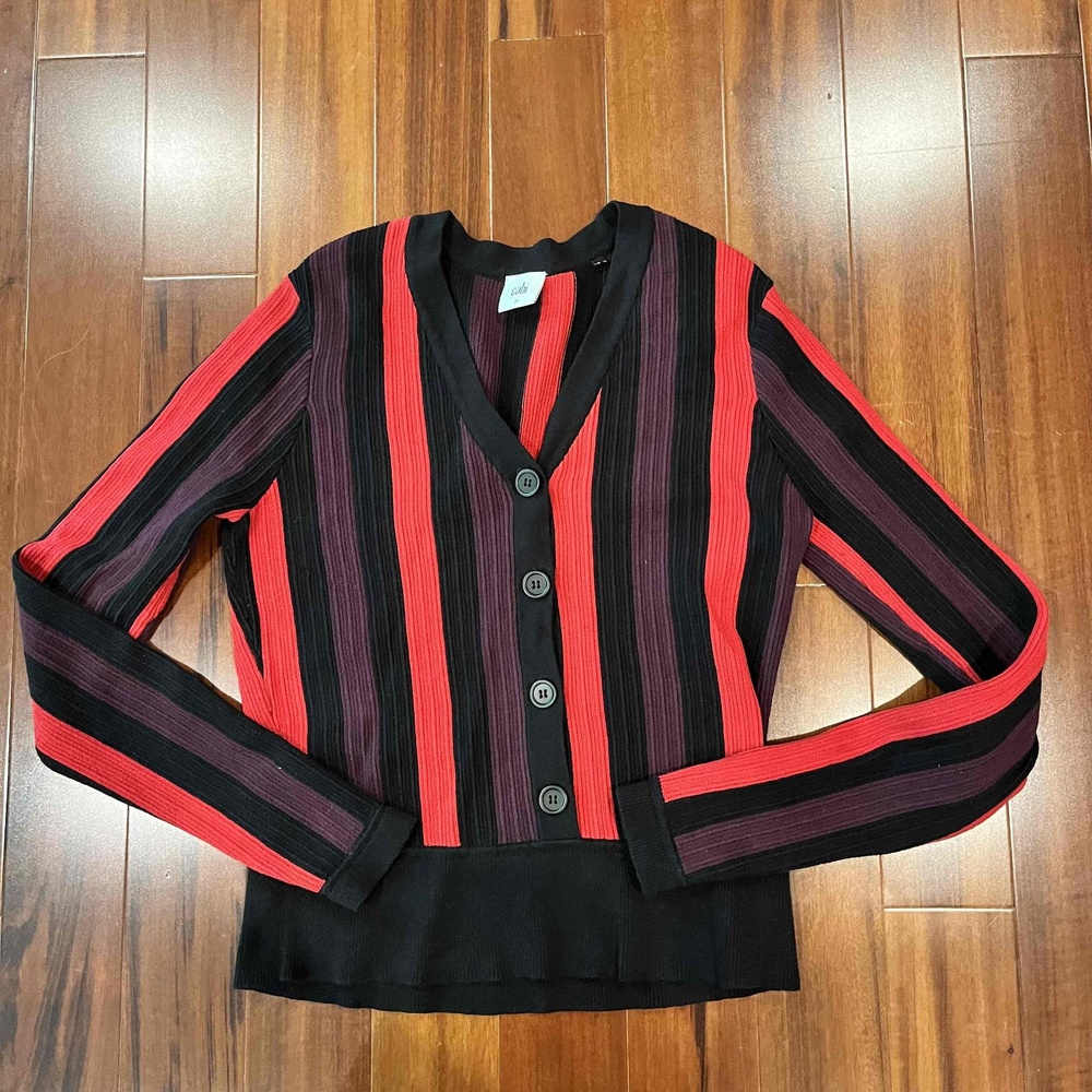 CAbi Nordstrom Red Black Striped Sweater Top Long Sleeve Knit Size Medium